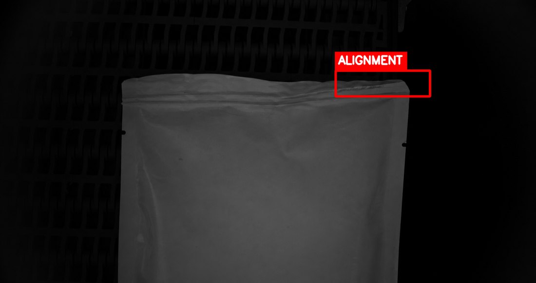 Seal alignment defect in the inline inspection camera frame with a detection overlay