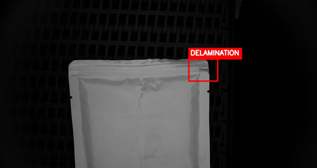 Delamination at the seal edge in the inline inspection camera frame with a detection overlay
