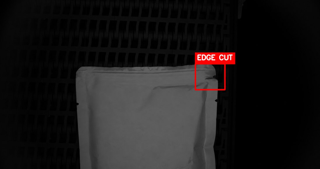 Edge cut defect in the inline inspection camera frame with a detection overlay